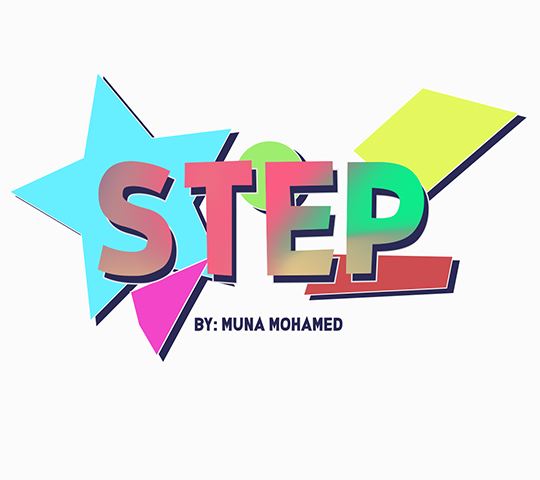 The word "step" on a background of colorful shapes