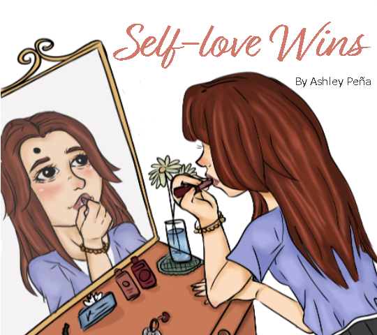 A girl in the mirror doing her makeup