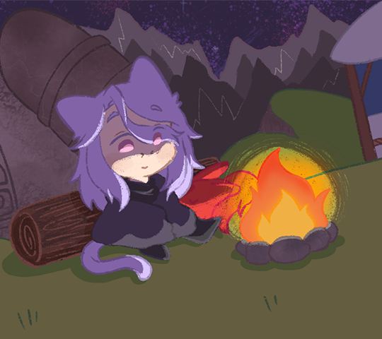 A small cat person siting near a camp fire