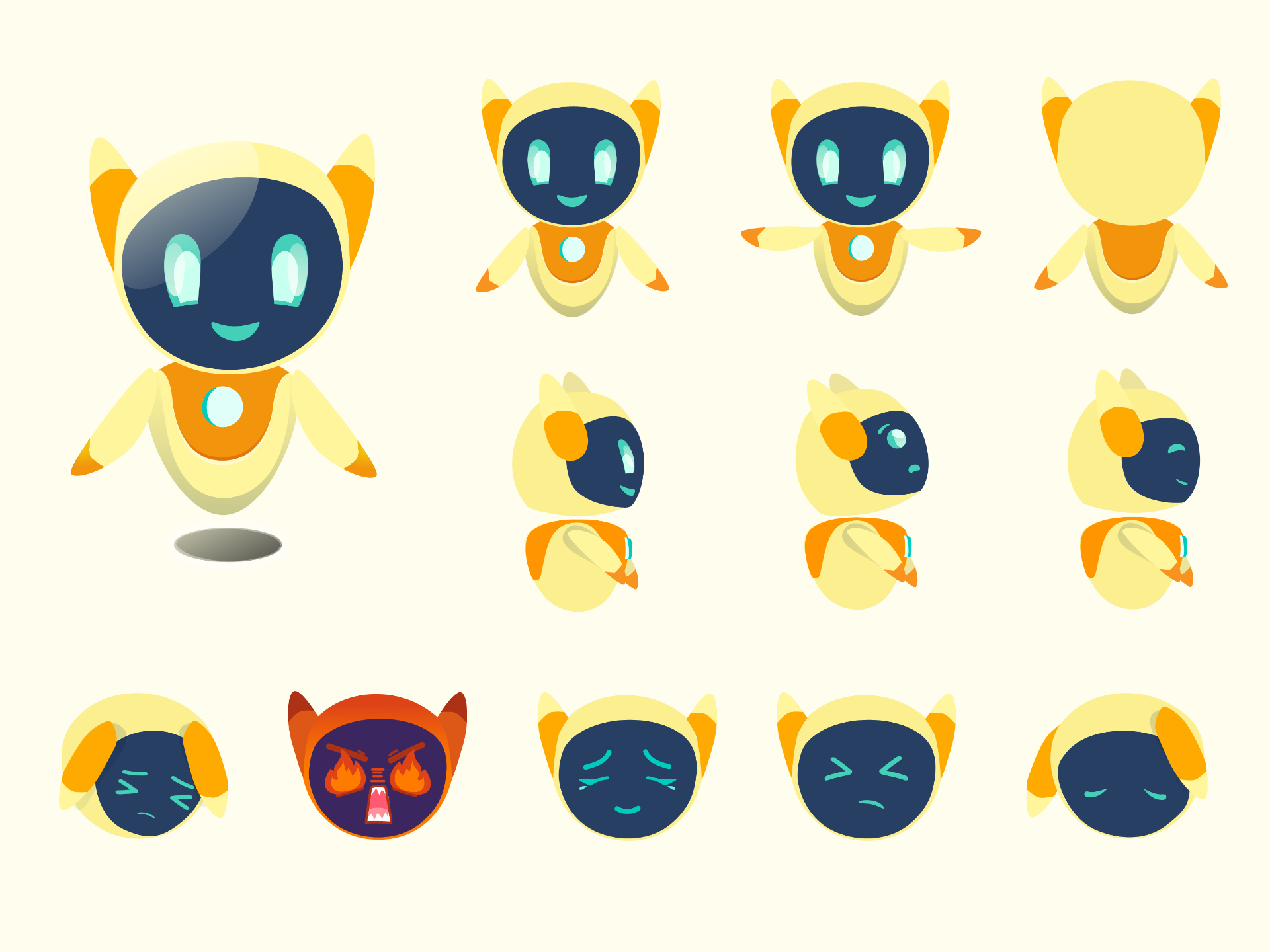 A design sheet for an orange robot with various poses and emotions