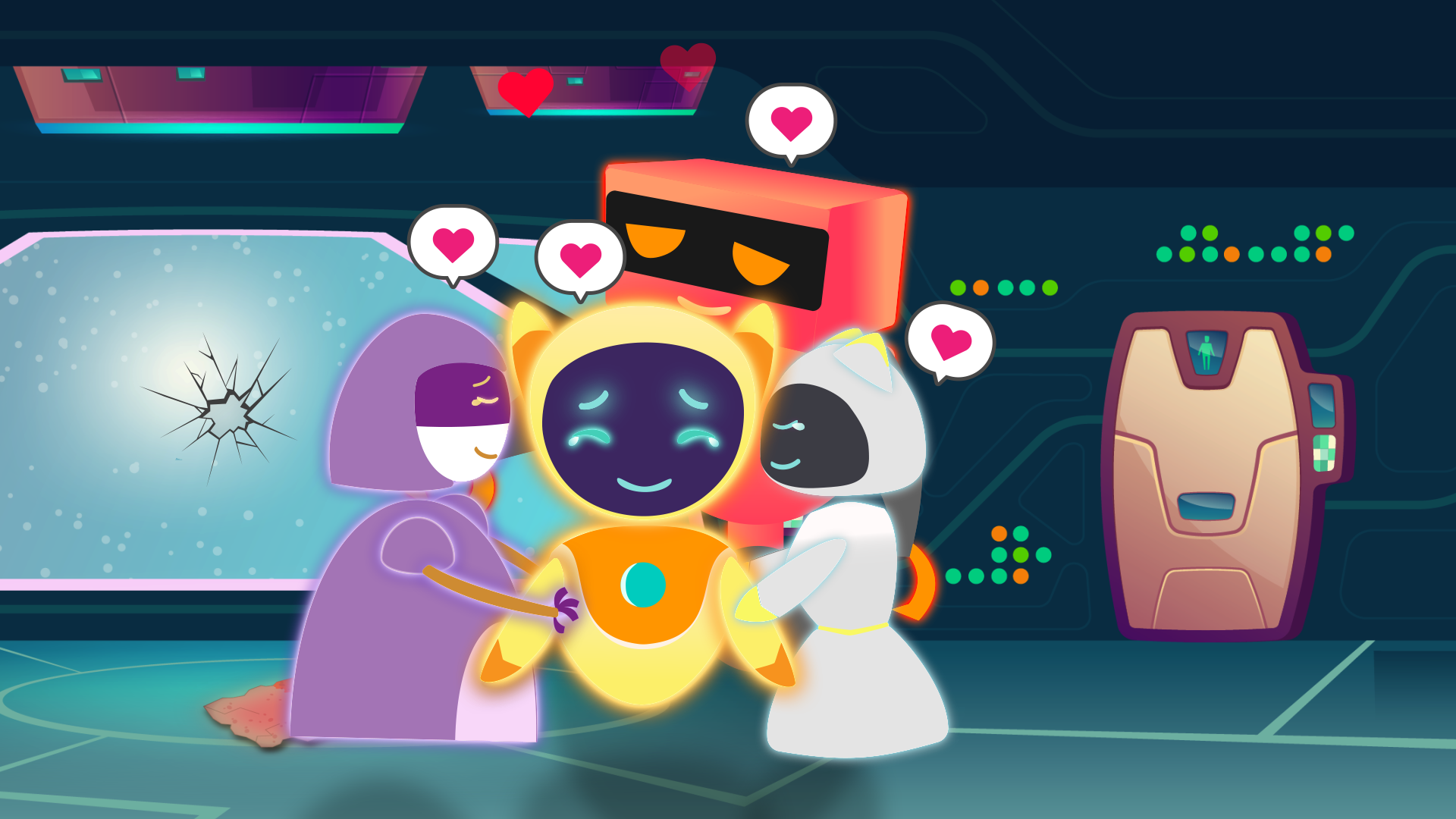 A family of robots having a group hug